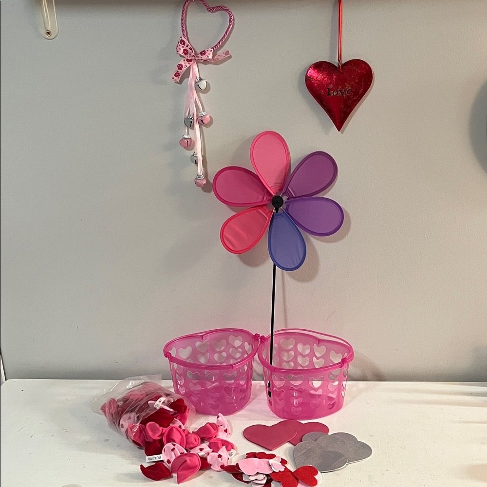 Pink and Purple Flower Wind Spinner with Heart Baskets